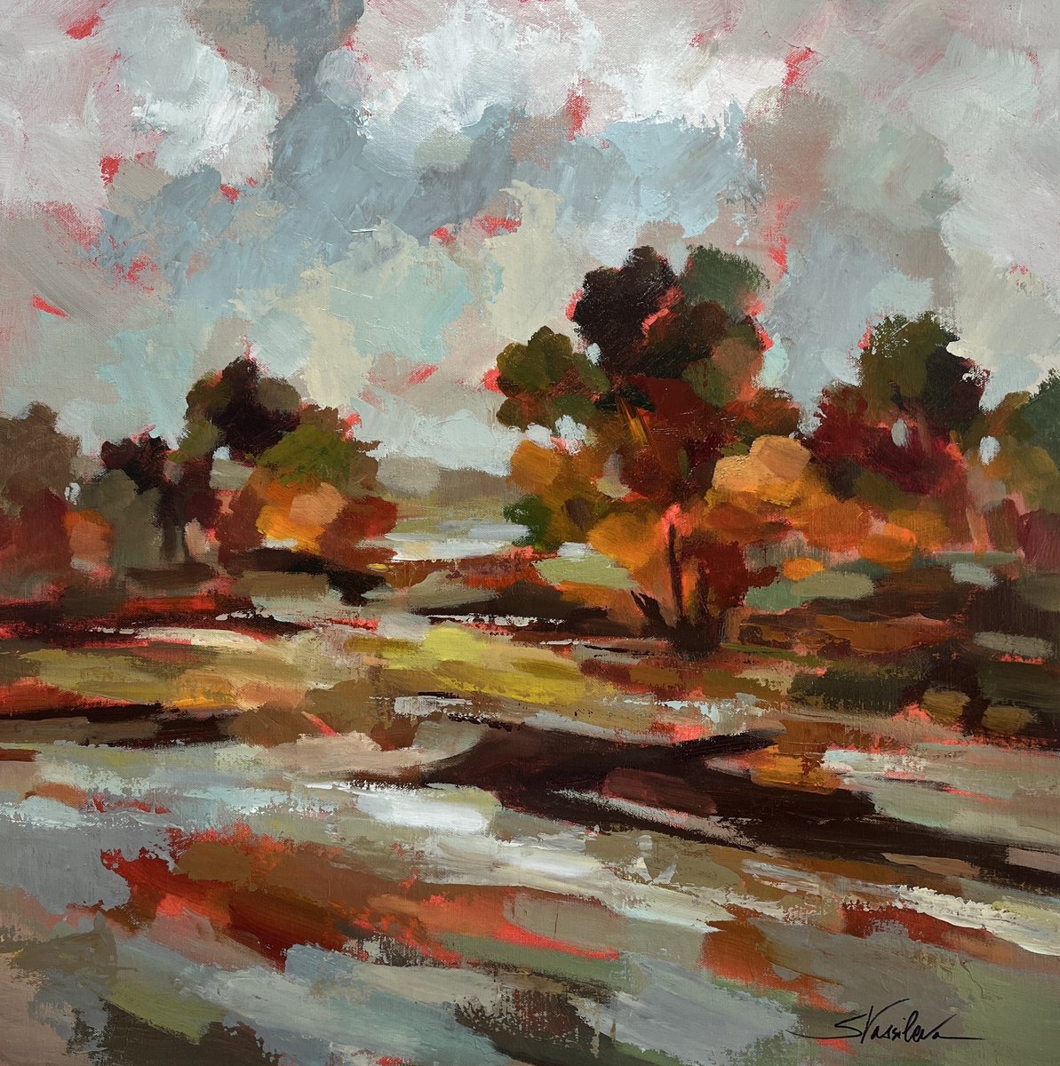 Expressive Landscape Acrylic Painting By Silvia Vassileva, 26 X 26", Early October, Original Artwork