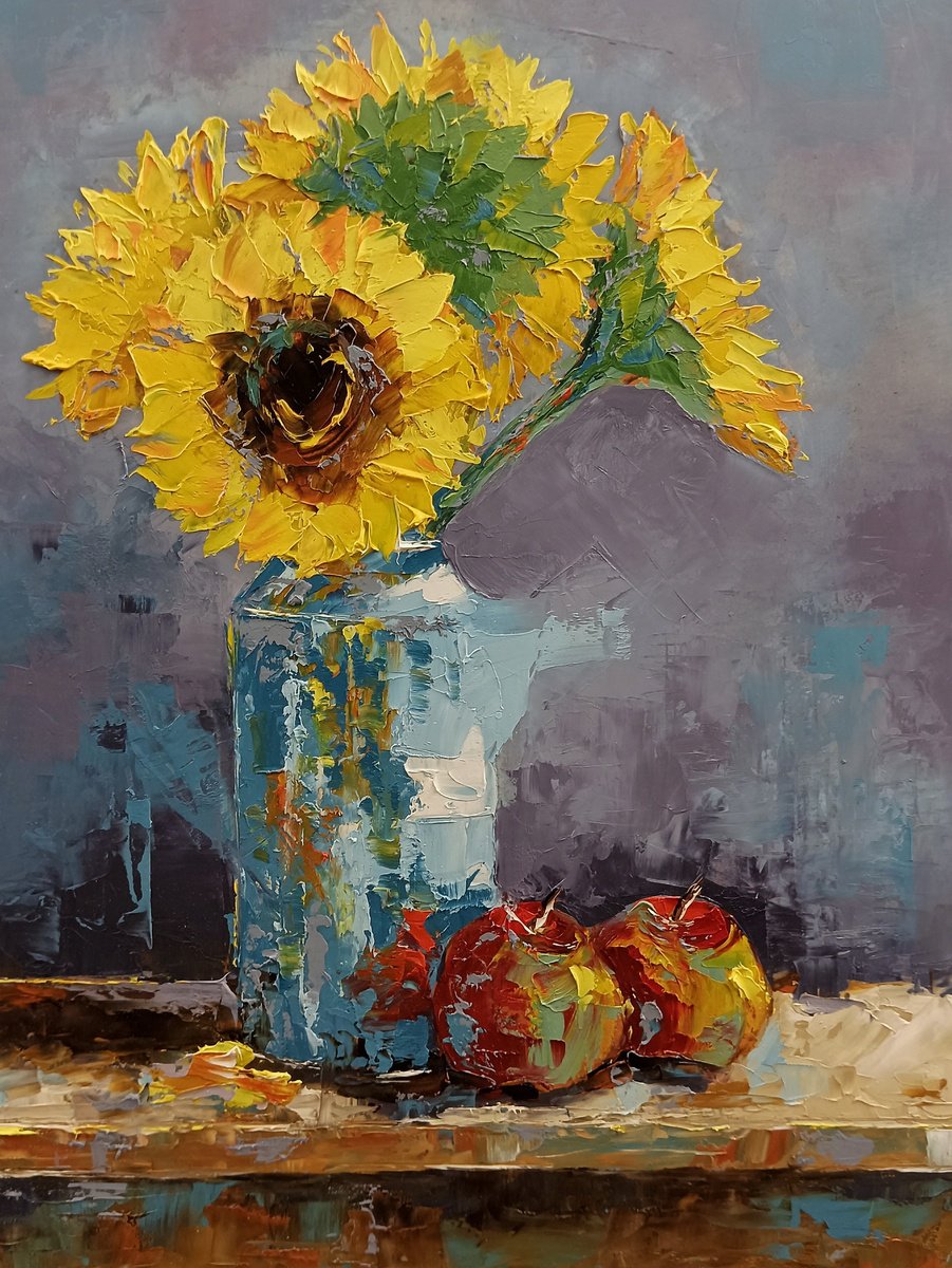 Still life, sunflowers oil painting. by Marinko Saric