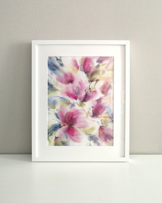 Watercolor loose flowers painting Spring magnolias