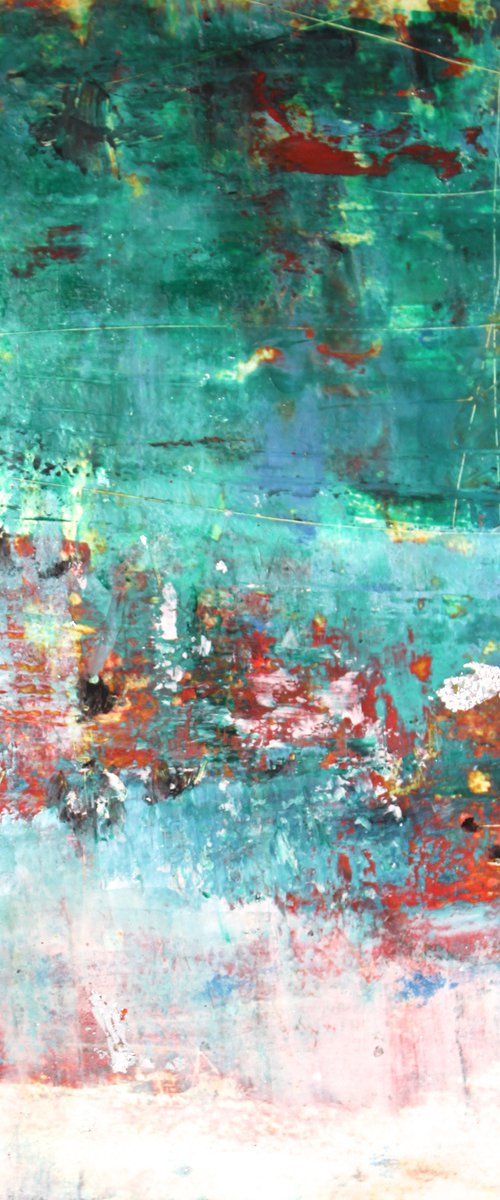 Red and turquoise cold wax 2 by Laura Spring