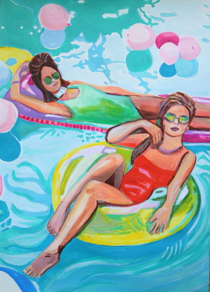 Urban And Pop Portrait Acrylic Painting By Alexandra Djokic, 20 X 28, Pool Party Iv, Original Artwork