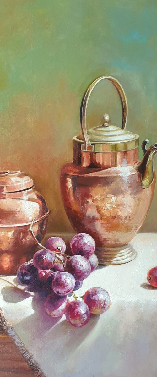 "Still life with grapes and an old exquisite  copper-brass utensil." still life grapes old brass jug summer  liGHt original painting  GIFT (2021) by Anna Bessonova (Kotelnik)