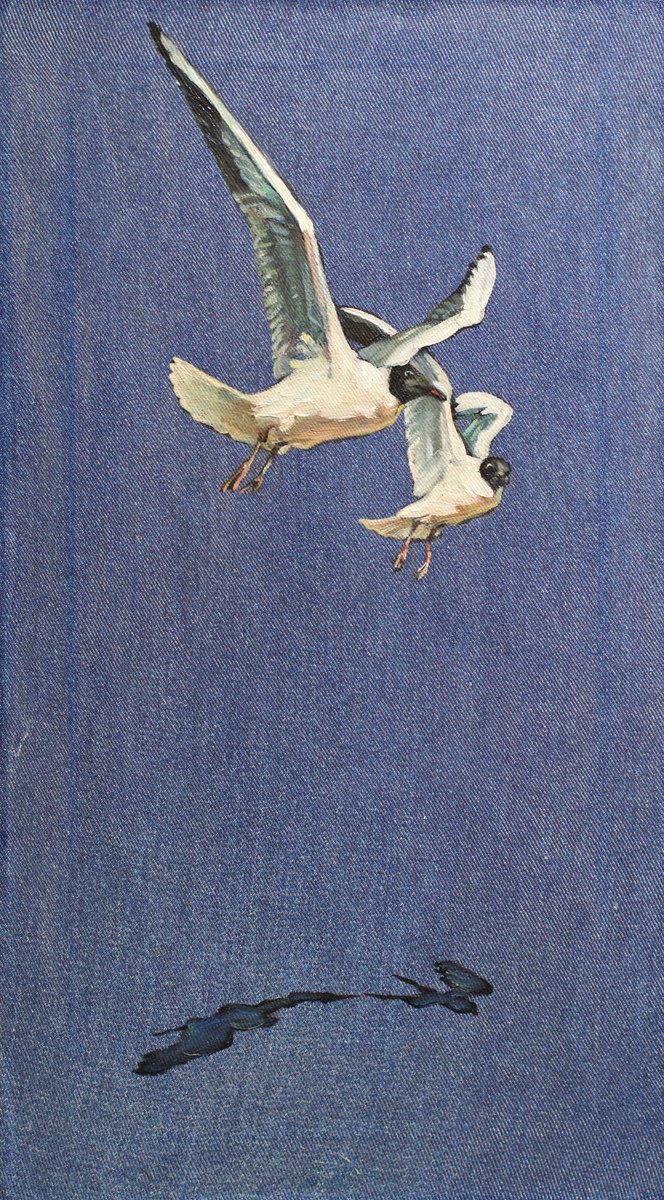 Photorealistic Animal Oil Painting By Marina Skepner, 10 X 18", Seagulls, Original Artwork