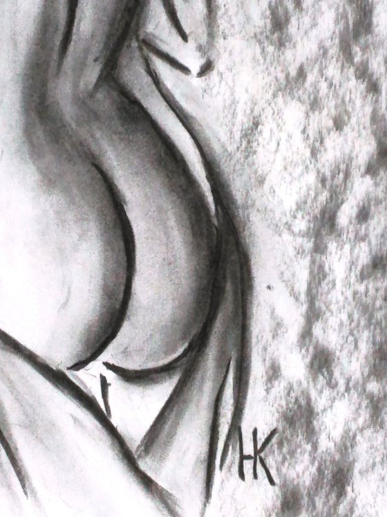 Female Nude Drawing Original Charcoal Sketch Black Monochrome Artwork Woman Nude Back View Home Wall Art 12 by 17"