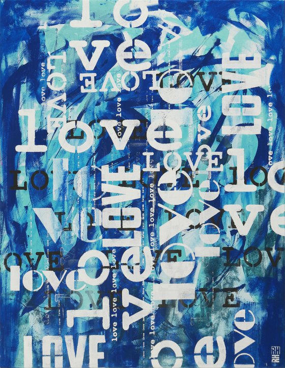 LOVE in blue - love letters - Typographic artwork - 90x115 cm - Ronald Hunter - 13D