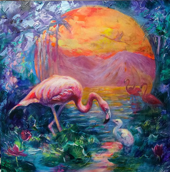 Sunset with Pink Flamingos. Impasto painting