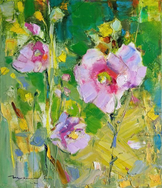 Mallow Ukrainian flower . Emerald green and Pink . Moments of beauty . Original oil painting