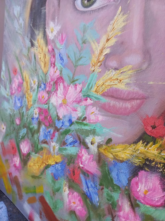 Be able to create. Woman oil portrait. Abstract flowers 60x50x0.5cm/23.6x19.7in