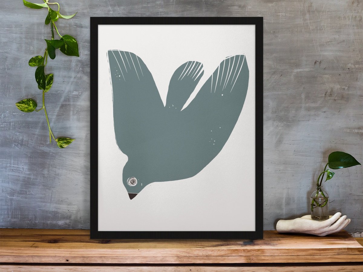 Animal Giclee Print By Emma Evans-Freke, 20 X 20, Bird In Stone Blue, Original Artwork