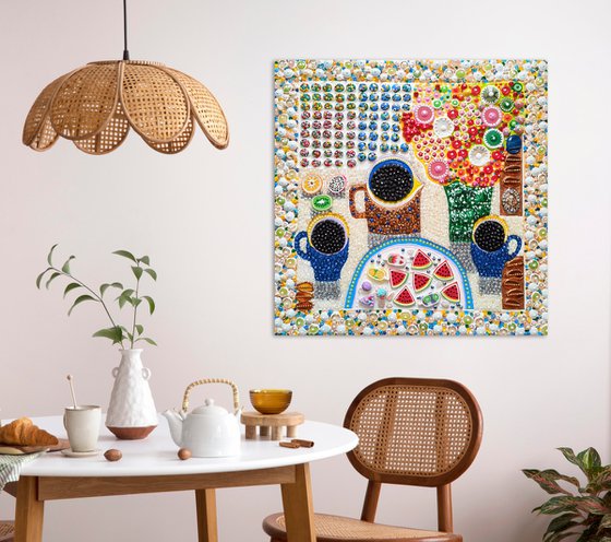 Abstract still life with flowers, fruit and coffee. Naive art impressionist decorative sculptural painting mosaic