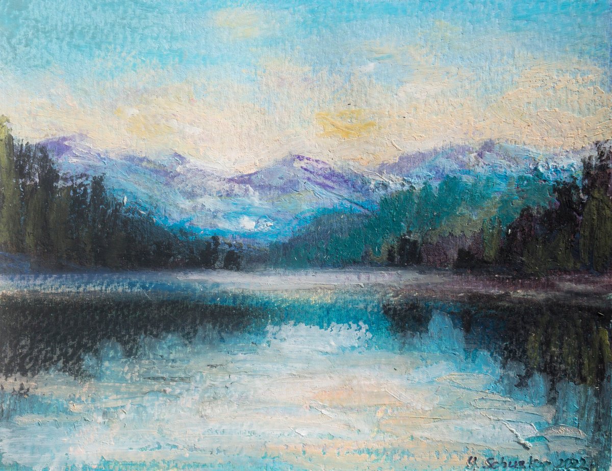 Impressionistic Landscape Acrylic Painting By Yulia Schuster, 6 X 5", Reflection V2, Original Artwork