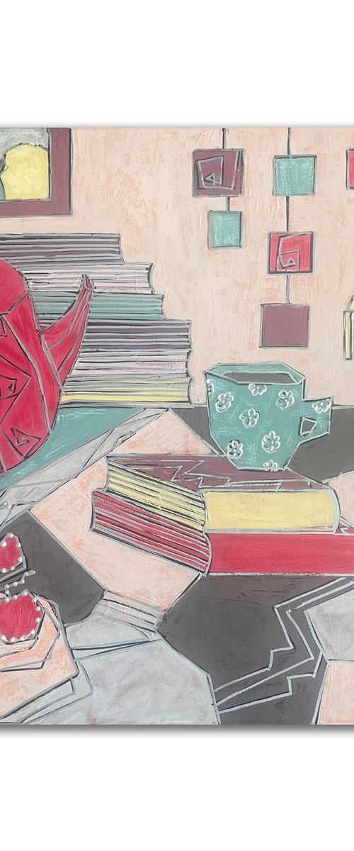 Still Life with Teapot and Books by Lena Langer