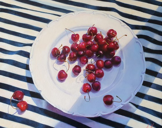 "Ripe sweet cherries."  still life summer plant cherries red  liGHt original painting  GIFT (2020))