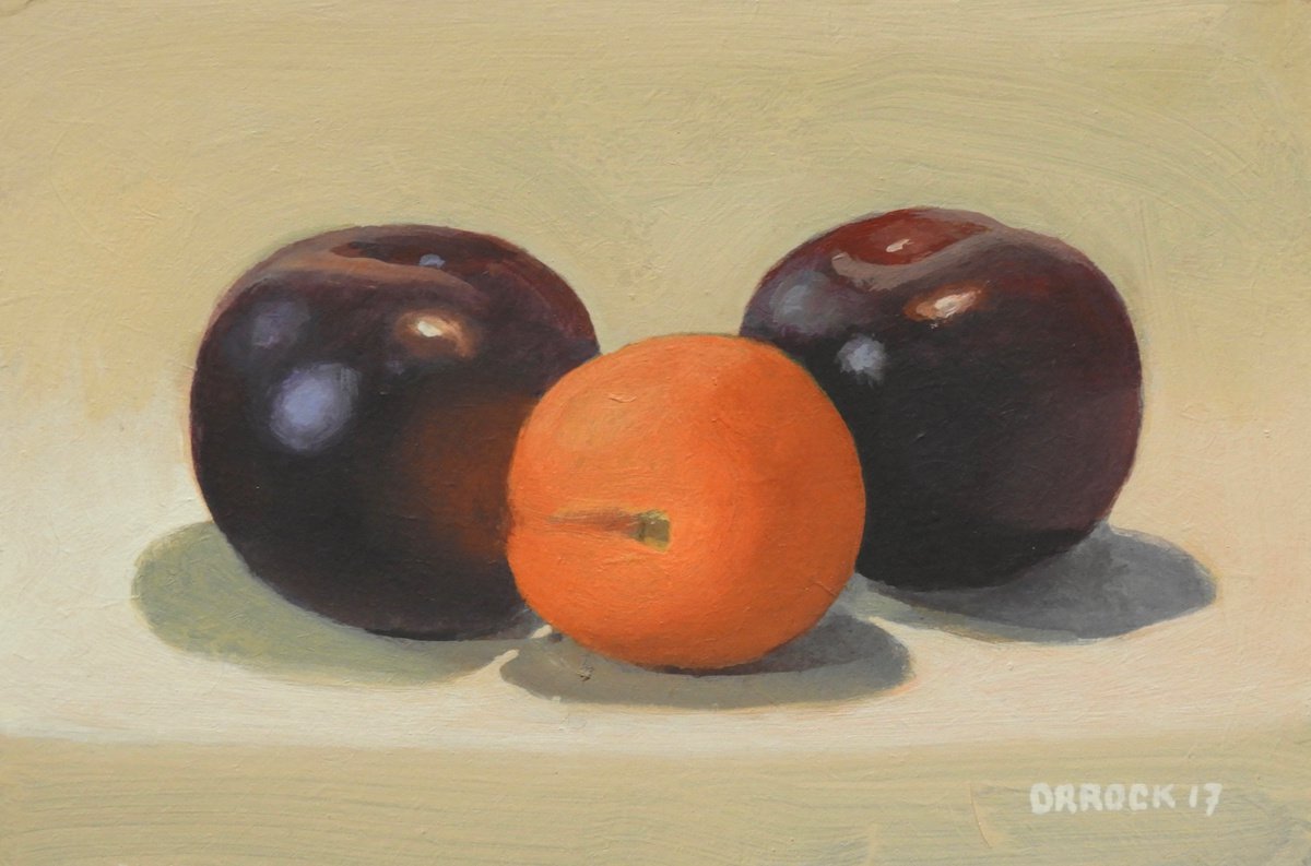 Plums and an apricot by Peter Orrock