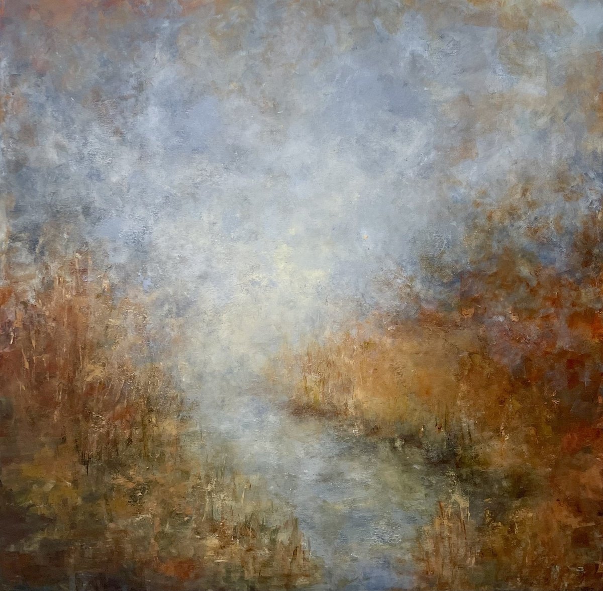 Abstract Landscape Acrylic Painting By Miri Baruch, 39 X 39", Foggy Pond, Original Artwork