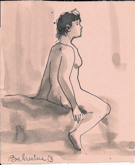 BLUE DREAMS nude study life drawing on pink paper 17x21 cm