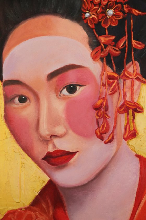 Geisha in kimono on the gold background portrait number 3