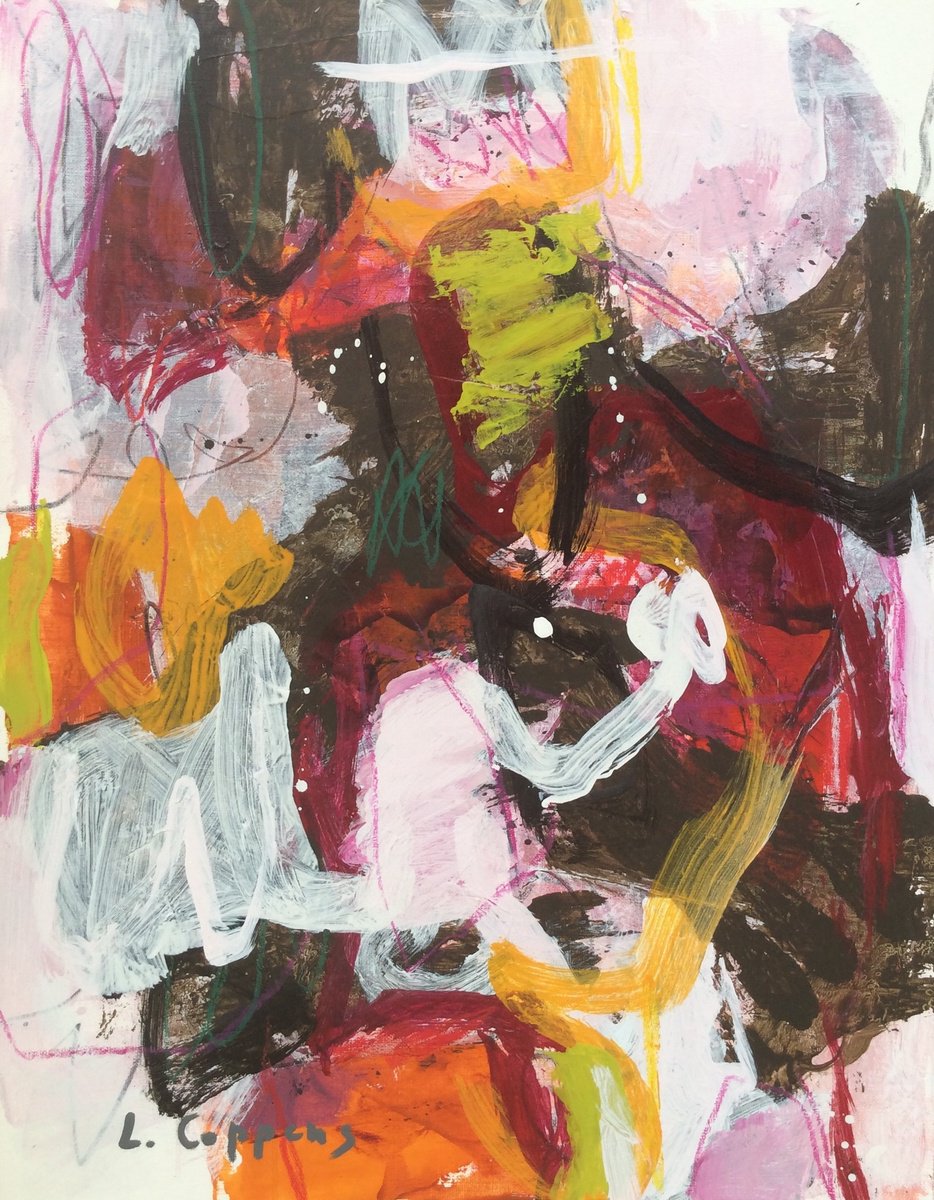Expressive Abstract Acrylic Painting By Linda Coppens, 13 X 17", Vibrant Contours, Original Artwork