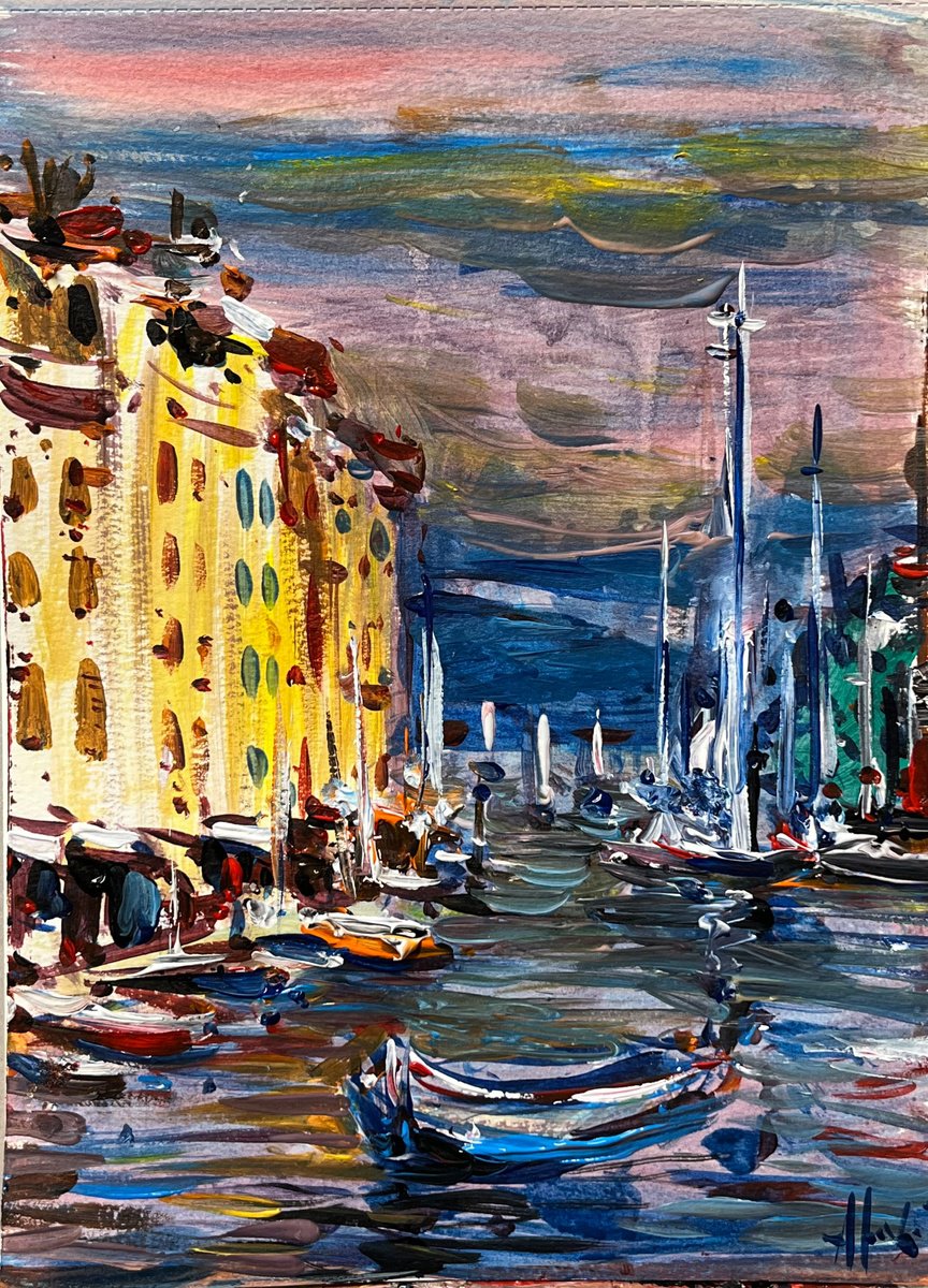 Impressionistic Landscape Acrylic Painting By Altin Furxhi, 8 X 12, Afternoon In Portofino, Original Artwork