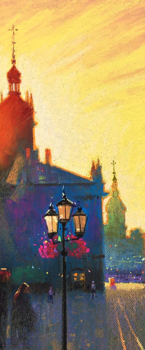 Light. Ukrainian city of Lviv. Soft pastel drawing 19.6x19.6 inch (50x50 cm) by Andrii Kovalyk