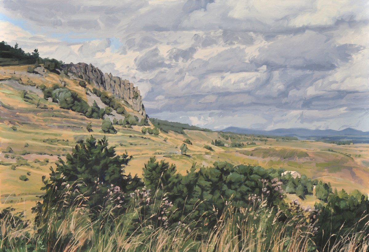 Impressionistic Landscape Oil Painting By Anne Baudequin, 51 X 35, Wind Over The Mezenc Massif, Original Artwork