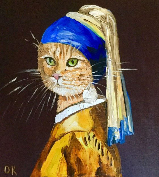 Cat with the pearl earring inspired by Vermeer painting modern home wall decor palette knife urban art feline art for cat lovers gift idea