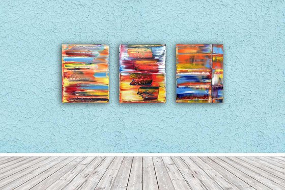 "Make Us" - FREE USA SHIPPING - Original PMS Abstract Triptych Oil Paintings On Canvas - 48" x 20"