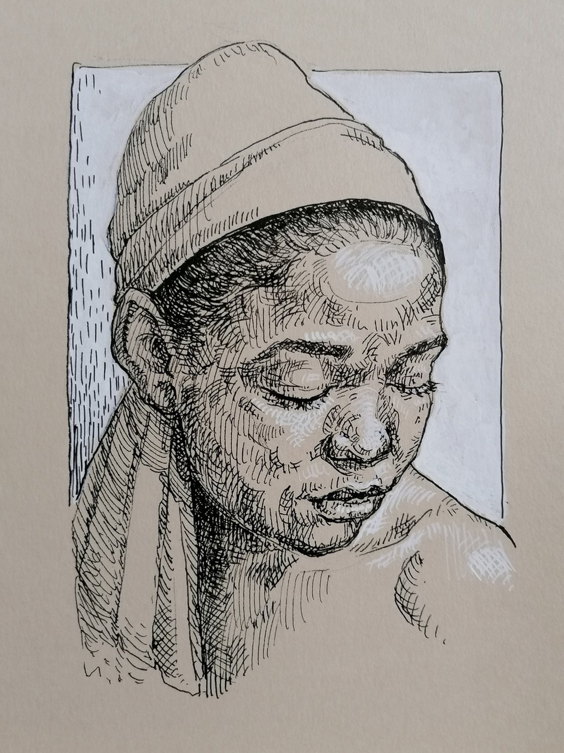 Original Girl Female black ink on paper life Drawing woman artwork A4