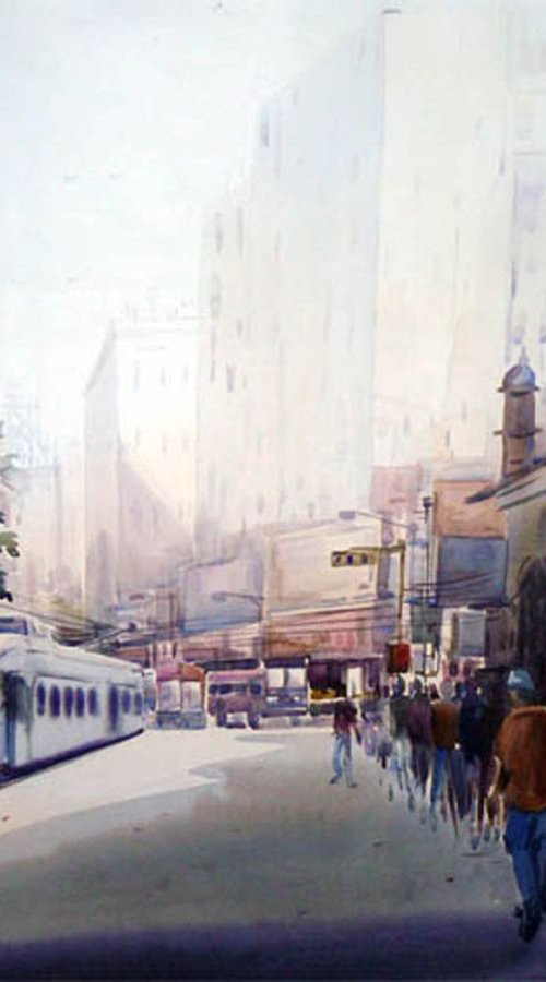 City at  Early Morning-Watercolor on Paper by Samiran Sarkar