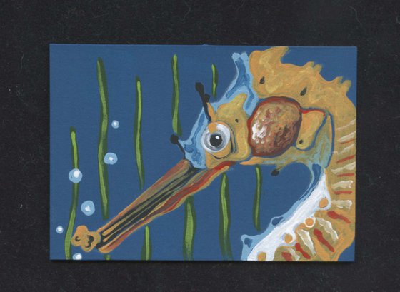 ACEO ATC Original Painting Seahorse Marine Wildlife Art-Carla Smale