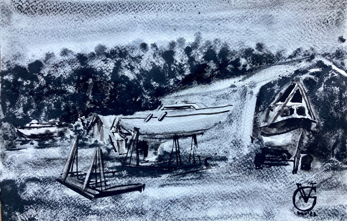 Impressionistic Landscape Watercolour By Valeria Golovenkina, 10 X 7", Boats On The Grass 13, Original Artwork