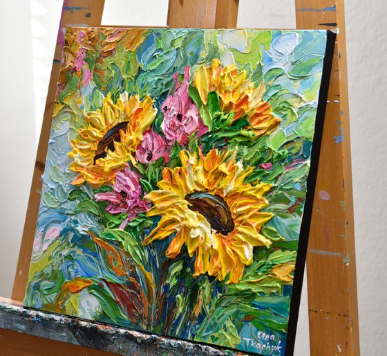 Sunflower Bouquet - Original Floral Painting on Canvas, Palette Knife Art, Textured Impasto Artwork