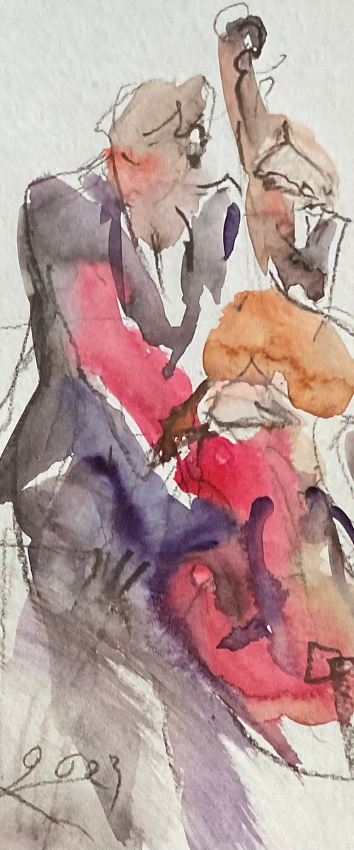 "Double bass player" (watercolor sketch, 'Jazz by the sea' series) by Irina Bibik-Chkolian