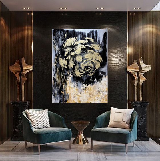 Golden and Black abstract painting. Black gold abstraction flower. AMAZING GOLD FLOWERS.