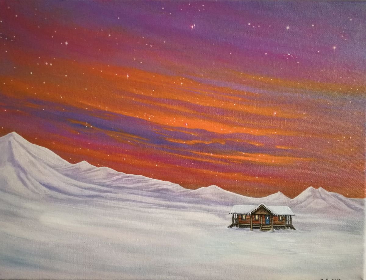 Landscape Acrylic Painting By Zoe Adams, 16 X 12", Cabin In The Snow., Original Artwork
