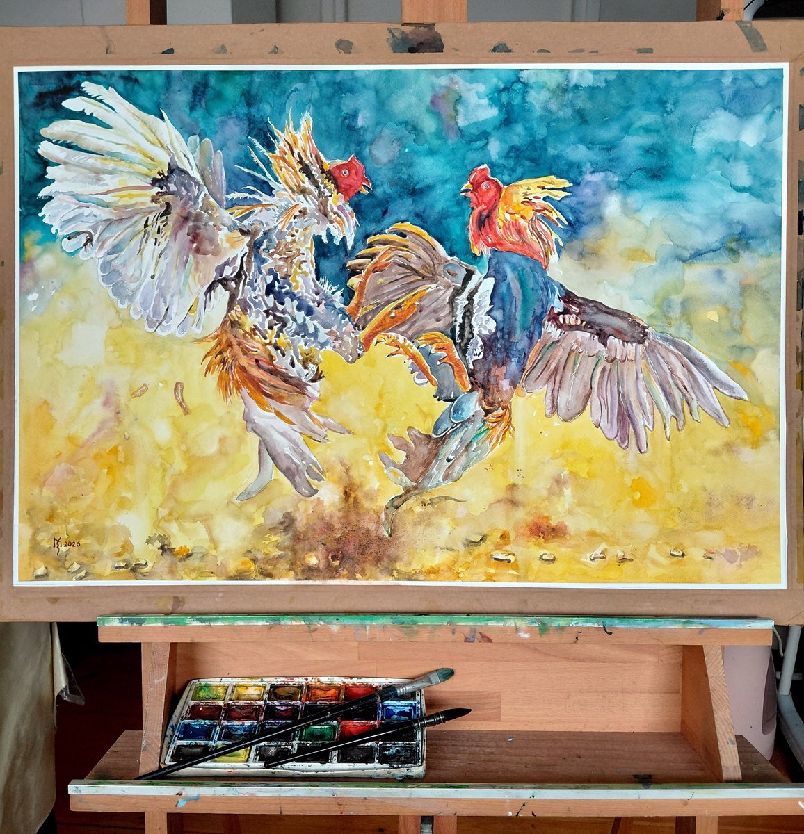 Expressive Watercolour , Roosters By Zoran Mihajlovic Muza, 28 X 19, Artwork For Sale On Artfinder