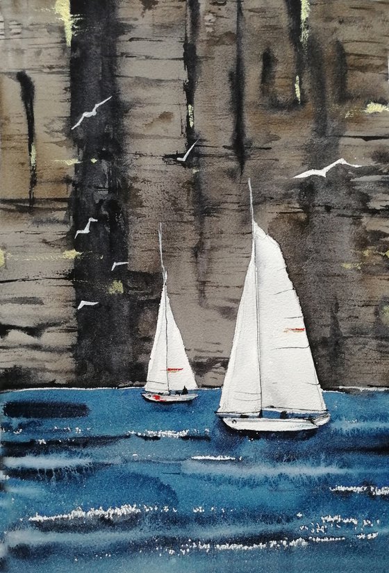 Sailboat painting. Seascape