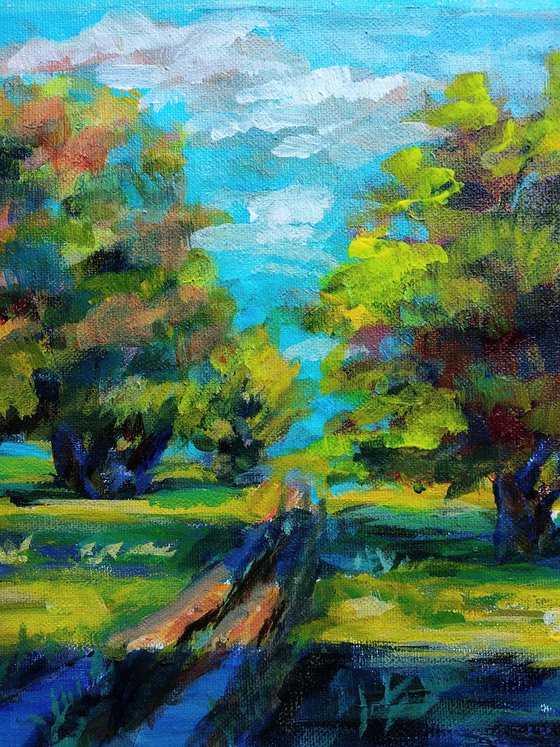 Sunny Summer landscape Trees and sky Original acrylic painting