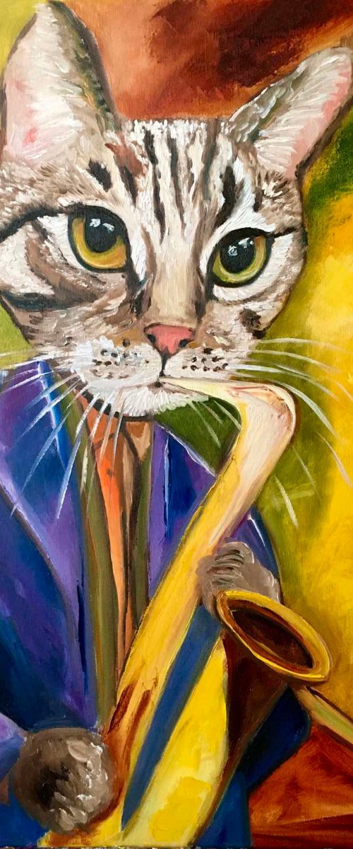 Cat  Saxophonist, musician, feline art for cat lovers by Olga Koval