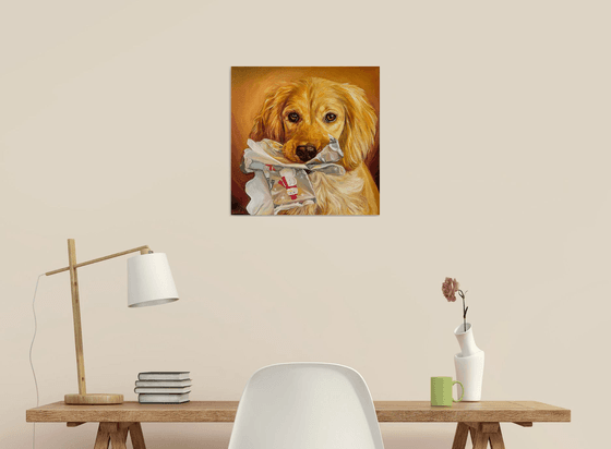 CHRISTMAS MORNING, Original Golden Retriever Pet Oil Portrait