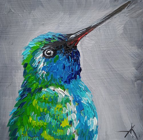 Bird - oil painting, animal, birds, gift idea, small size, postcard size, postcards, hummingbird by Anastasia Kozorez