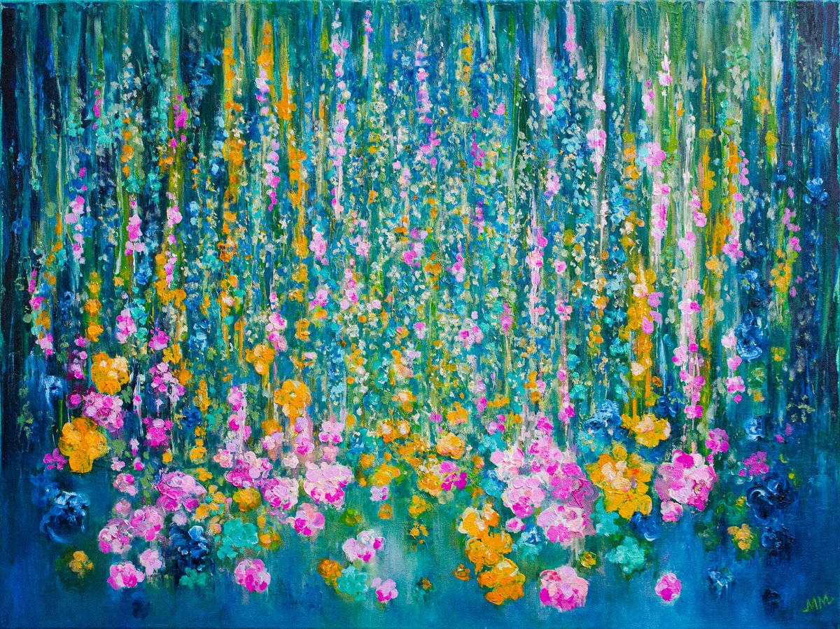 Organic Abstract Oil Painting By Mila Moroko, 31 X 24", Waterfall Of Blossoms, Original Artwork