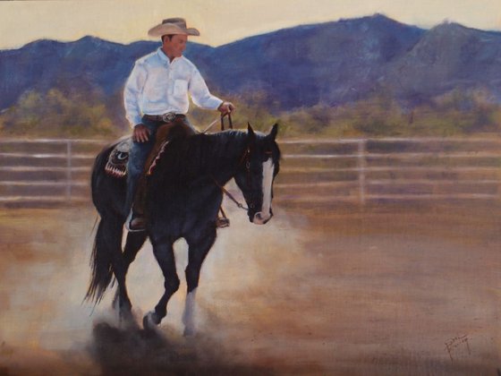 Dust Trails, 12 X 16" oil of black horse and cowboy, unframed