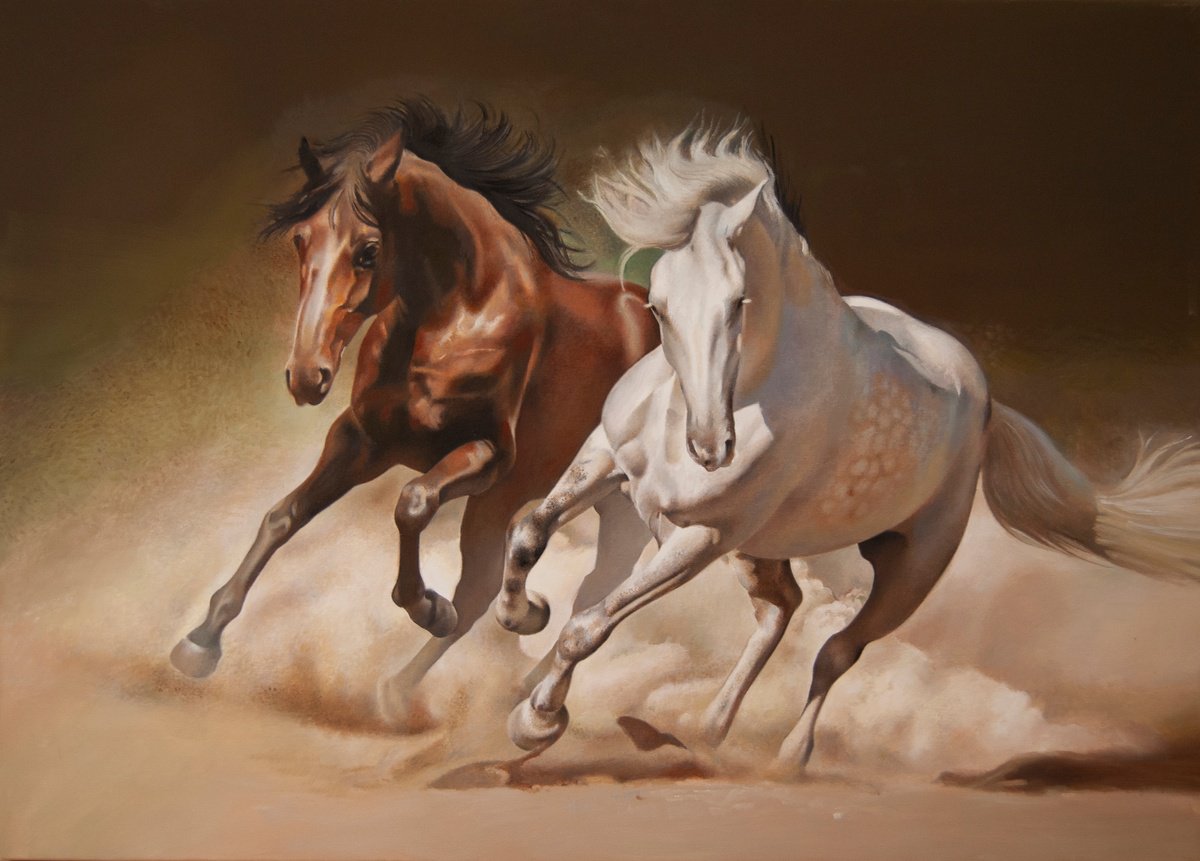 Photorealistic Animal Oil Painting By Valeri Tsvetkov, 28 X 20", Power, Original Artwork