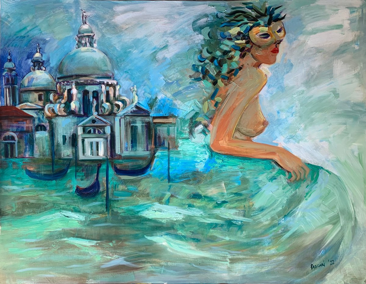 Impressionistic Landscape Oil Painting By Olga Pascari, 51 X 39", Mermaid, Original Artwork