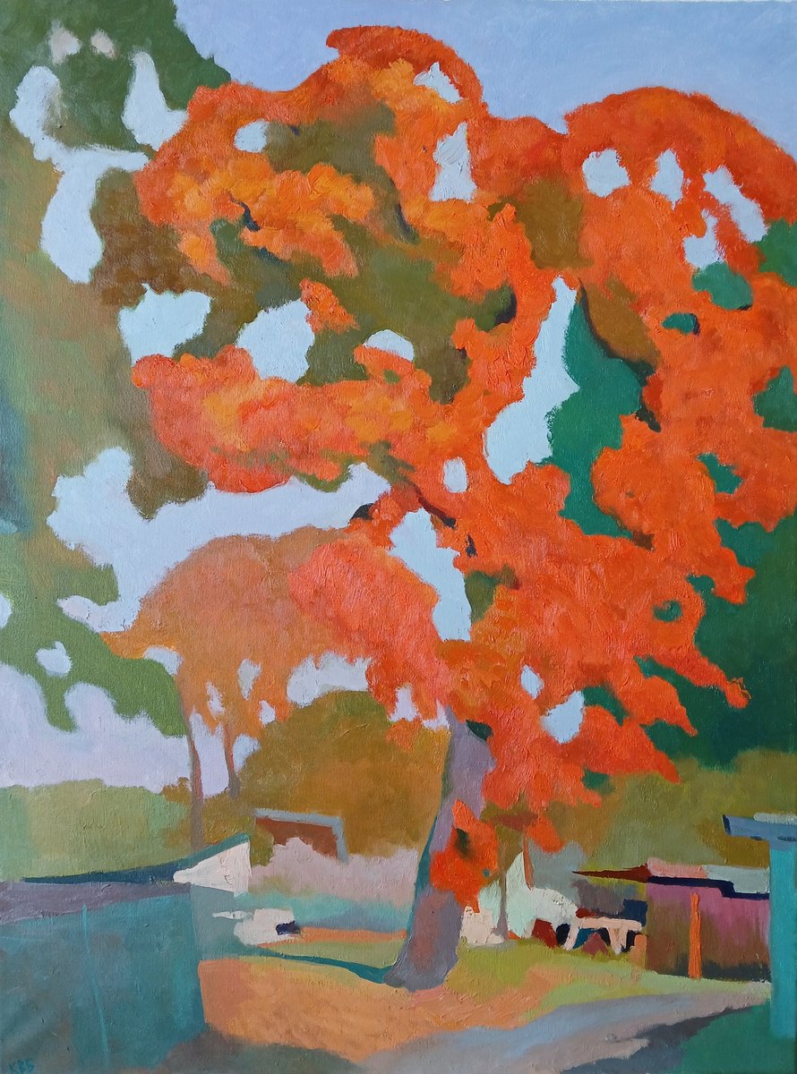 Impressionistic Landscape Oil Painting By Vasyl Koval, 24 X 31", Autumn Courtyard, Original Artwork