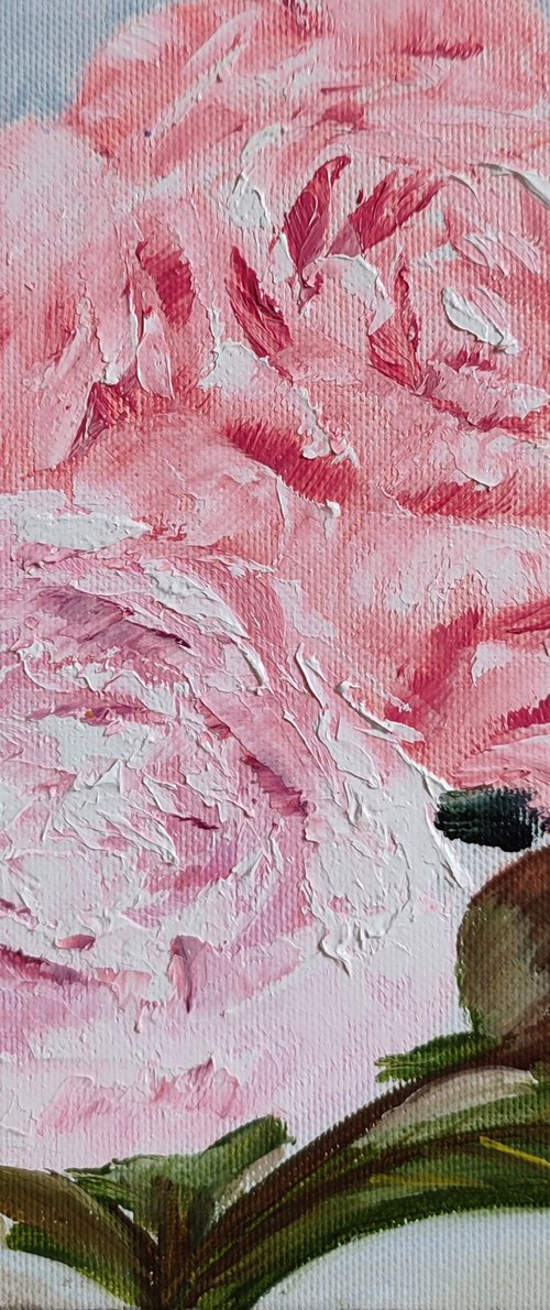 Peonies for her, small, gift, flowers, original floral oil painting by Nataliia Plakhotnyk