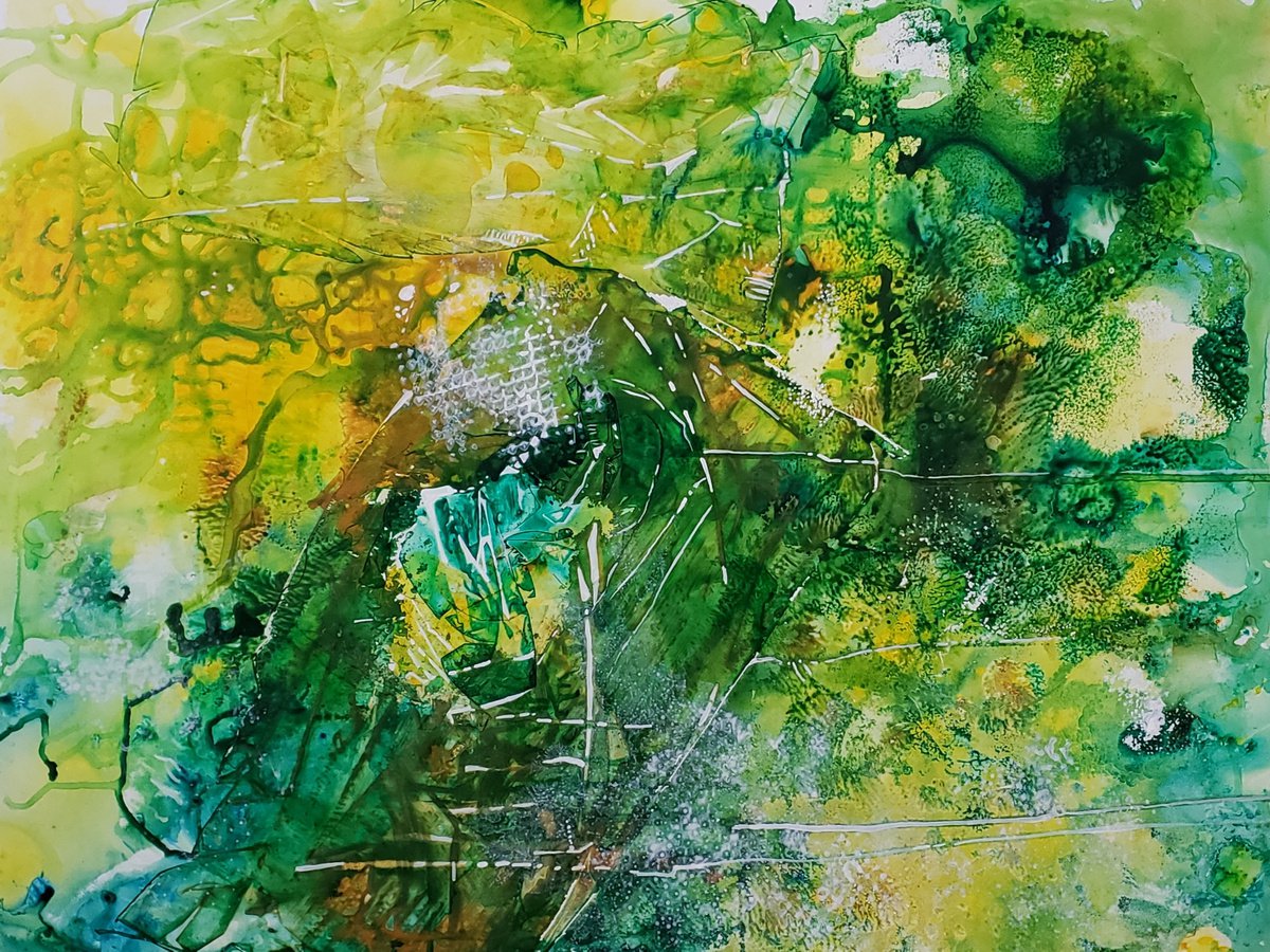 Organic Abstract Acrylic Painting By Yoshiko Murdick, 26 X 20", Green Life, Original Artwork