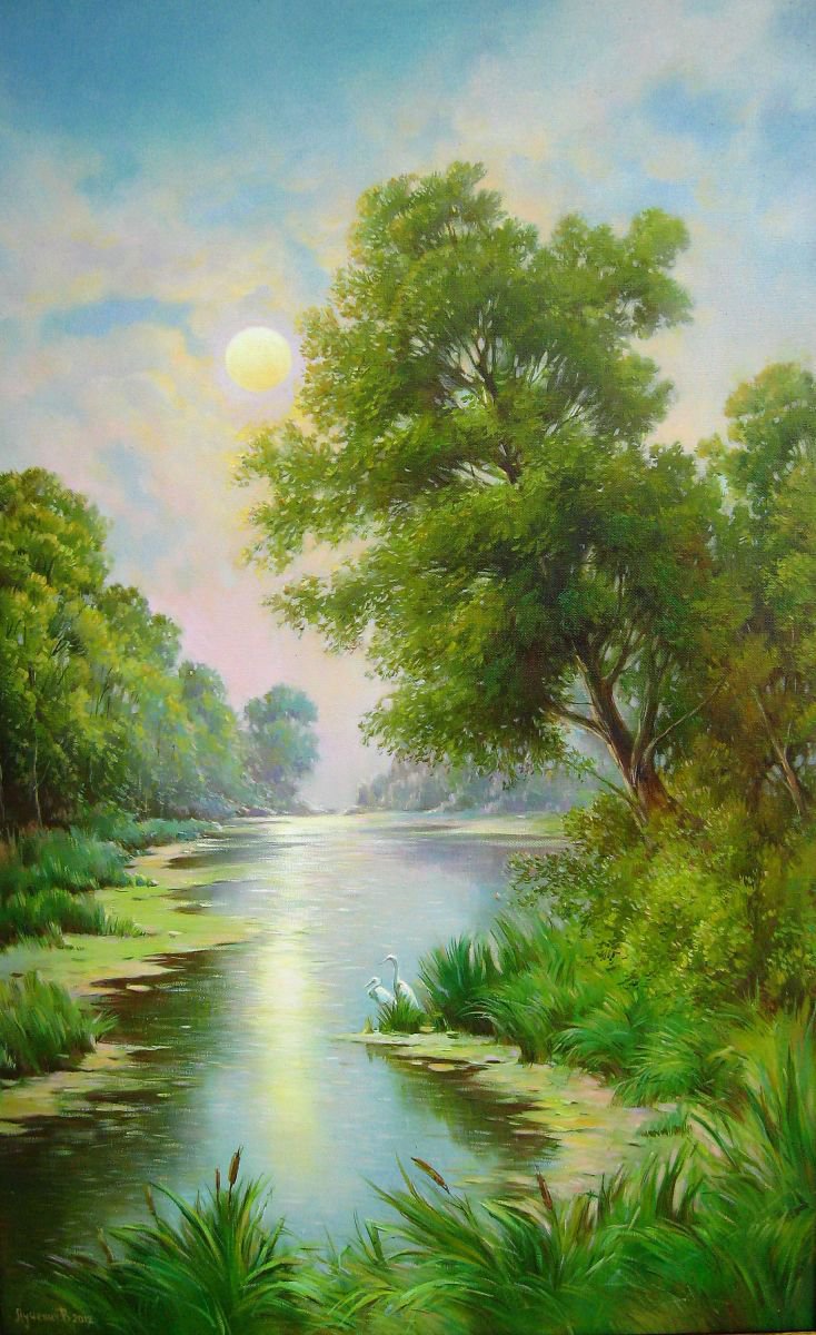 Photorealistic Landscape Oil Painting By Vladimir Lutsevich, 20 X 31", Lake Of The Woods, Original Artwork