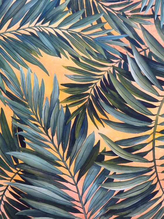 Tropical Leaves on Yellow and Orange 1